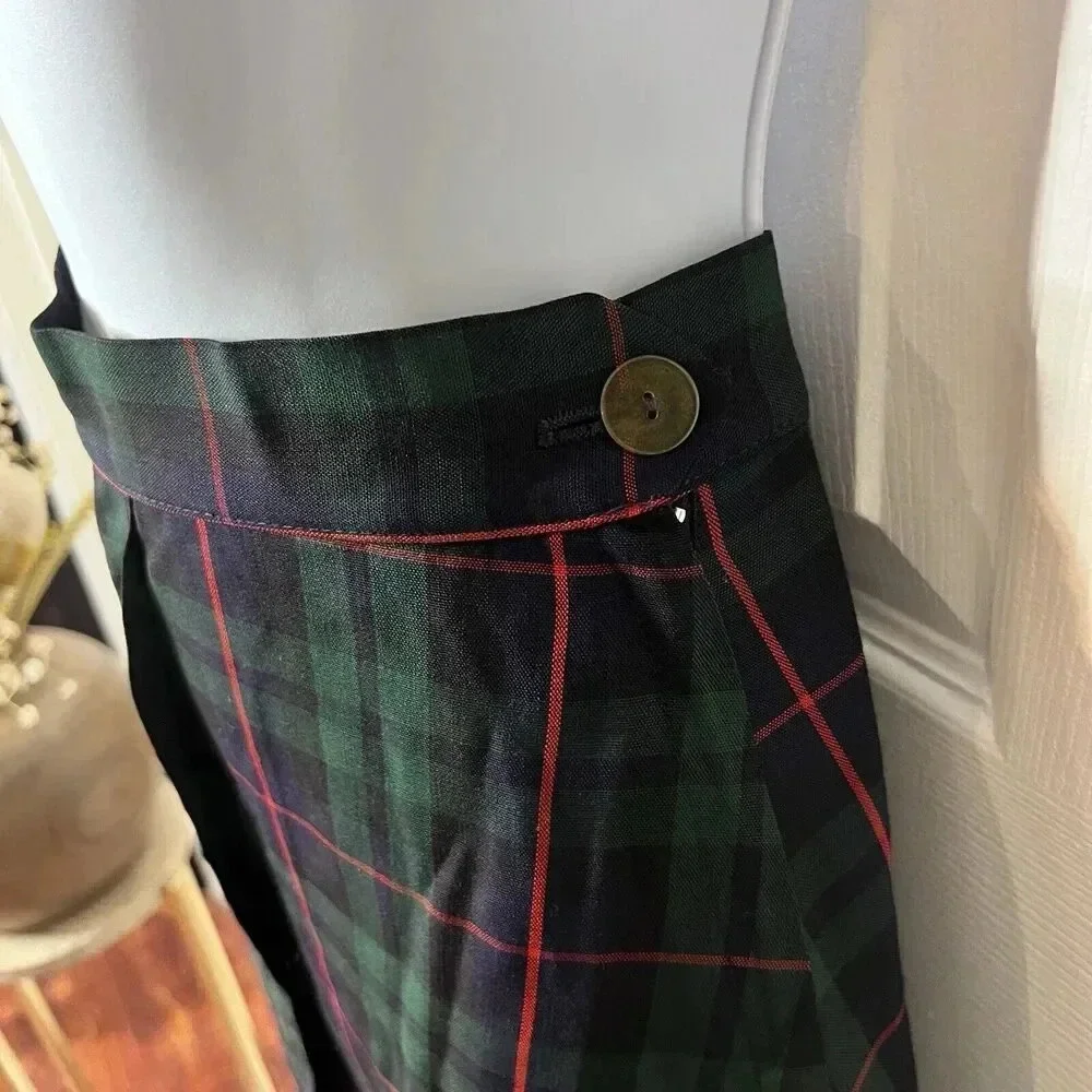 Vintage Blue Plaid Handmade Pleated‎ Skirt Waist 24 Academia Holiday Old Money